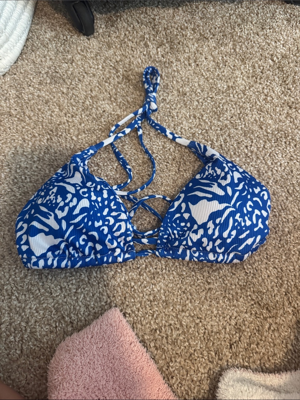 Blue and White Patterned Lace-Up Bikini Top